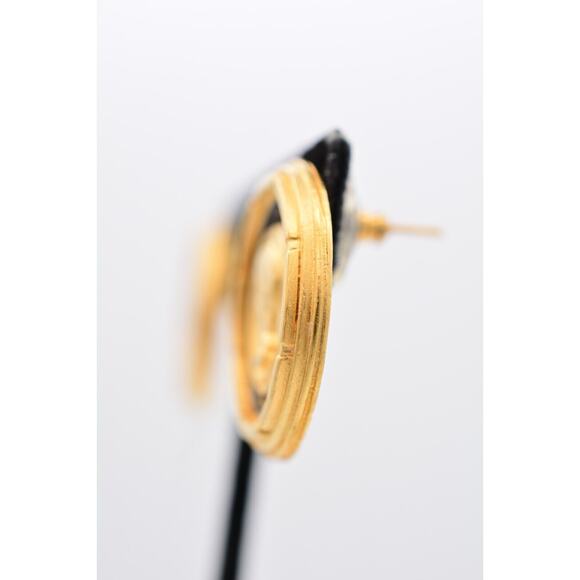 Vintage Roman Coin Earrings Brushed Gold Matte Black Enamel Chunky NOS 1980s 9E - Picture 11 of 12